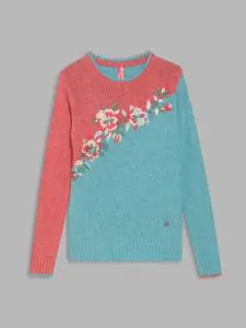 Blue Giraffe Girls Blue & Pink Floral Pullover with Embroidered Detail
