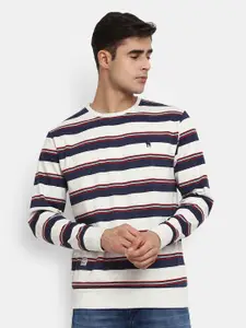 V-Mart Men White & Blue Striped Fleece Sweatshirt