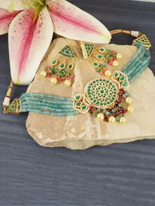 AURAA TRENDS 22Kt Gold Plated & Green Crystal Beaded Multi Strand Bridal Kundan Necklace Set