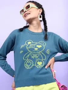 Tokyo Talkies Women Teal & Yellow Jacquard Pullover Sweater
