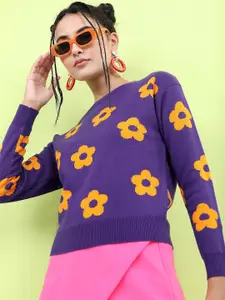 Tokyo Talkies Women Purple & Yellow Floral Jacquard Pullover Sweater
