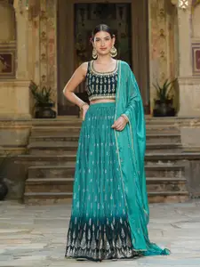 SCAKHI Green & Navy Blue Embroidered Foil Print Ready to Wear Lehenga & Blouse With Dupatta
