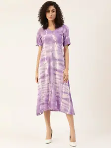 Maaesa Lavender & White Tie and Dye  A-Line Midi Dress