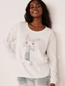 La Vie en Rose Women White Bunny Print Lounge T-shirts