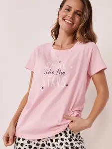 La Vie en Rose Women Pink Printed Pure Cotton Lounge T-shirts