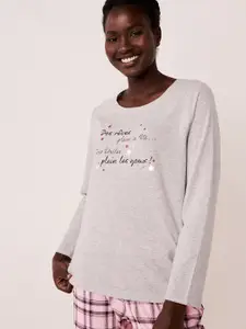 La Vie en Rose Women Grey & White Printed Pure Cotton Lounge Tshirts