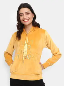 V-Mart Women Mustard Printed Hooded Sweatshirt