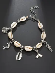 Young & Forever Women Cream & Silver Plated Faux Shell Anklet