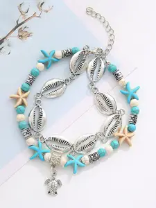 Young & Forever Turquoise Crystal Studded Silver-Plated Faux Shell Turtle Charm Anklet