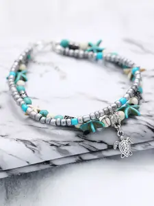 Young & Forever 925 Sterling Silver & Turquoise Blue Beaded Bohemian Turtle Beach Anklet