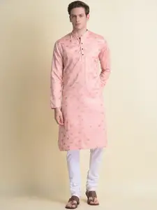 NAMASKAR Men Pink Floral Printed Pure Cotton Kurta with Churidar