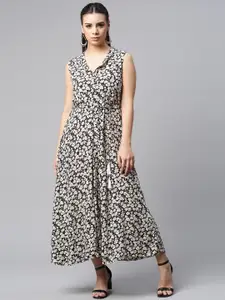 HERE&NOW Women Black Printed Fit & Flared Ethnic Dresses