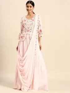 FASHOR Women Pink Floral Embroidered Georgette Ethnic Maxi Dress