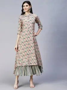 FASHOR Women Beige & Green Ethnic Motifs Layered Ethnic Maxi Dress