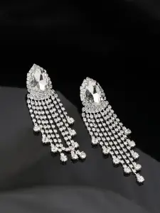 SOHI White & Silver-Plated Contemporary Drop Earrings