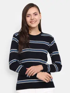 V-Mart Women Black & Blue Striped Round Neck Pullover