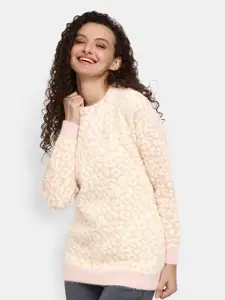 V-Mart Women Cream-Coloured Self Design Round Neck Pullover