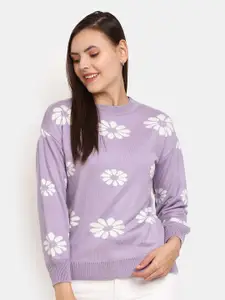 V-Mart Women Purple & White Floral Round Neck Pullover