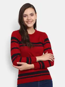 V-Mart V-Mart Women Red & Black Striped Round Neck Pullover