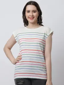 Rute Women Off White Striped Extended Sleeves Pure Cotton T-shirt