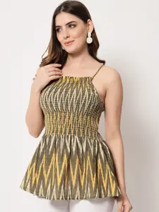 Vastraa Fusion Green & Yellow Geometric Print Pure Cotton Peplum Top