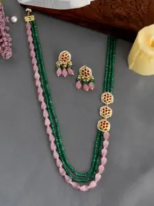 DASTOOR Women Green & Pink Gold-Plated Kundan Necklace and Earrings