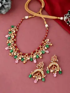 DASTOOR Women Green & Red Gold-Plated Kundan Necklace and Earrings