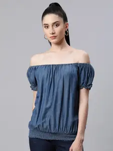 Global Republic Women Blue Solid Off-Shoulder Denim Blouson Top
