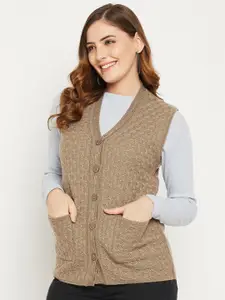 Zigo Women Brown Self Design Cable Knit Wool Cardigan Sweater