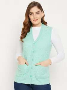 Zigo Women Sea Green Self Design Cable Knit Wool Cardigan Sweater