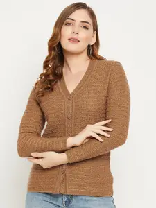 Zigo Women Camel Brown Self Design Cable Knit Wool Cardigan Sweater