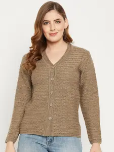 Zigo Women Brown Self Design Cable Knit Wool Cardigan Sweater