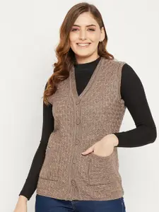 Zigo Women Mauve Self Design Cable Knit Wool Cardigan Sweater