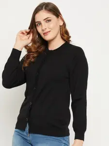 Zigo Women Black Ribbed Wool Cardigan Sweater