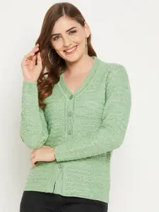 Zigo Women Green Self Design Cable Knit Wool Cardigan Sweater