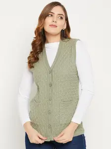 Zigo Women Green Self Design Cable Knit Wool Cardigan Sweater