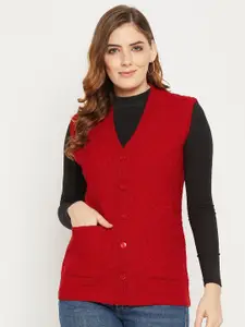 Zigo Women Red Self Design Cable Knit Wool Cardigan Sweater