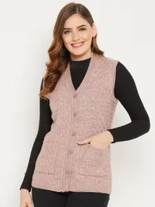 Zigo Women Mauve Self Design Cable Knit Wool Cardigan Sweater