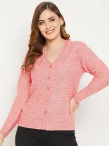 Zigo Women Peach-Coloured Self Design Cable Knit Wool Cardigan Sweater