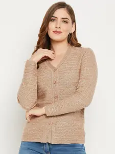 Zigo Women Mauve Self Design Cable Knit Wool Cardigan Sweater