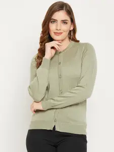 Zigo Women Green Solid Wool Cardigan Sweater
