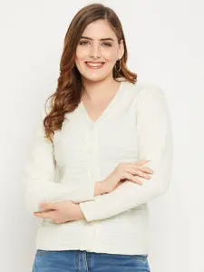 Zigo Women White Self Design Cable Knit Wool Cardigan Sweater