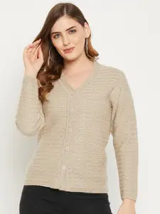 Zigo Women Beige Self Design Cable Knit Wool Cardigan Sweater