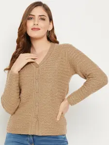 Zigo Women Brown Self Design Cable Knit Wool Cardigan Sweater