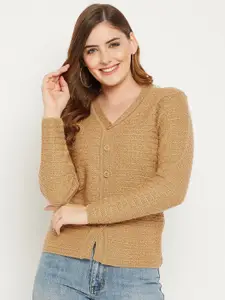Zigo Women Camel Brown Self Design Cable Knit Wool Cardigan Sweater