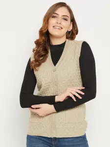 Zigo Women Beige Self Design Cable Knit Wool Cardigan Sweater