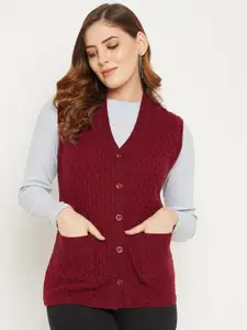 Zigo Women Maroon Self Design Cable Knit Wool Cardigan Sweater