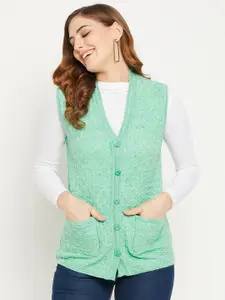 Zigo Women Green Self Design Cable Knit Wool Cardigan Sweater