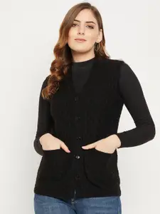 Zigo Women Black Self Design Cable Knit Wool Cardigan Sweater