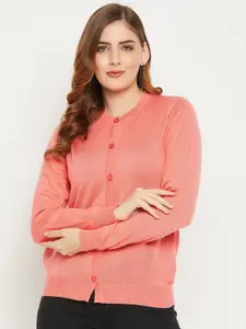 Zigo Women Peach-Coloured Solid Wool Cardigan Sweater